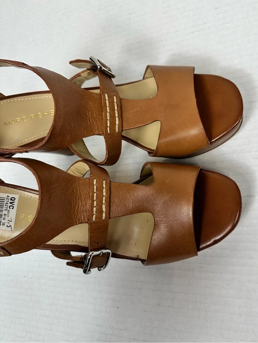 Marc Fisher Tan/Cognac Leather T-Strap Platform High Heel Sandals – Size 7.5M